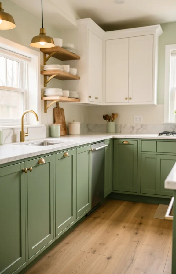 Kitchen with sage green painted lower cabinets, white upper cabinets