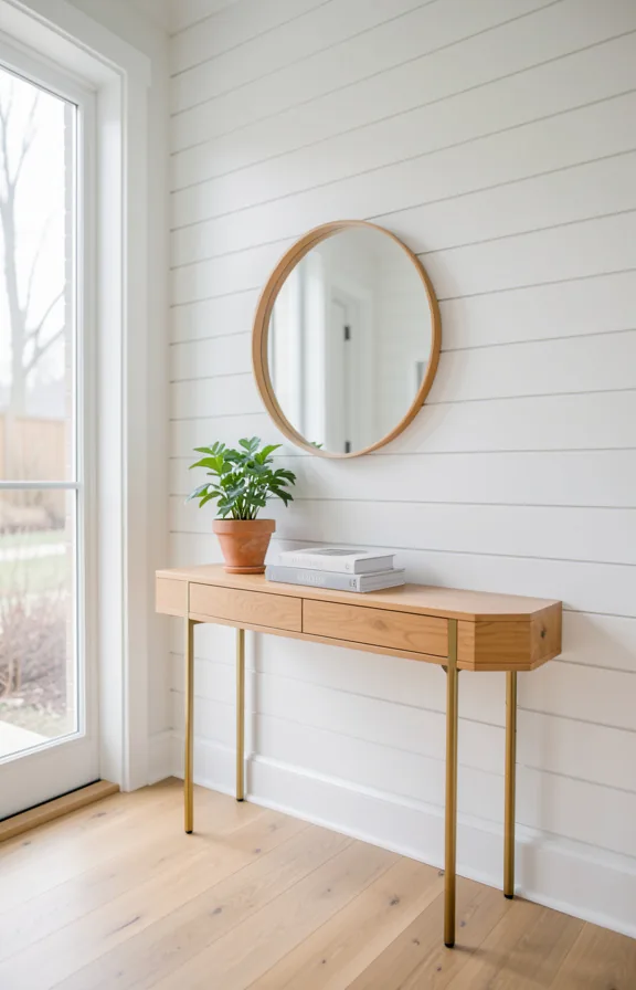Entryway with horizontal shiplap feature wall in crisp white