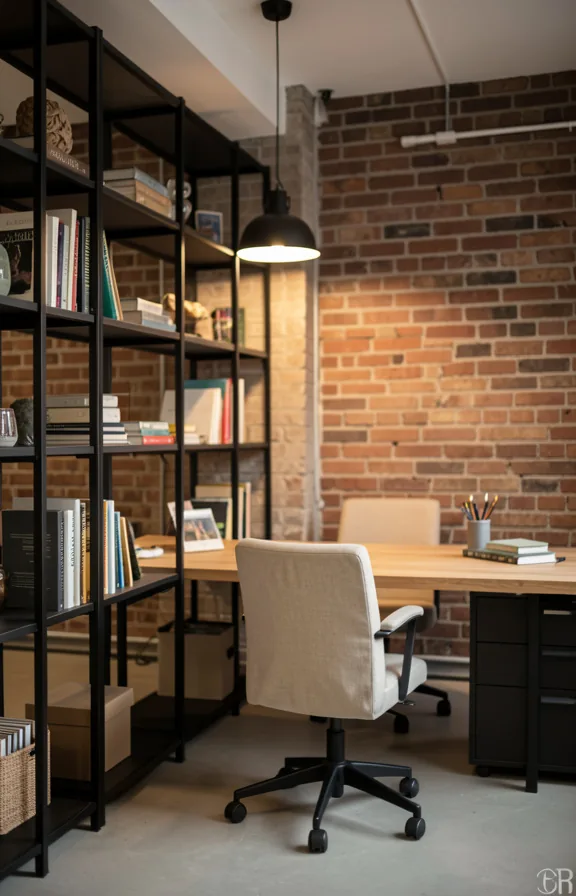Office space with industrial black metal shelving units displaying books and objects