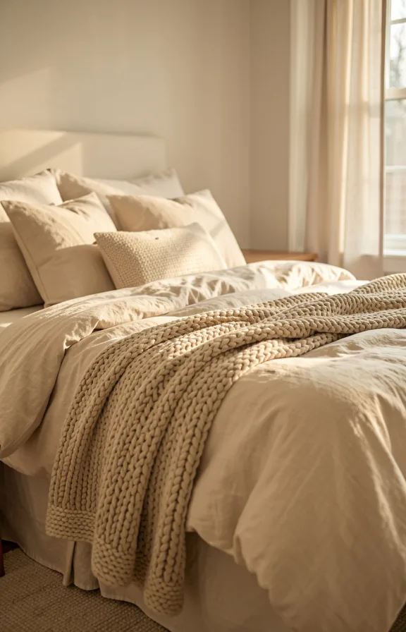chunky knit throw blanket, and stacked decorative pillows