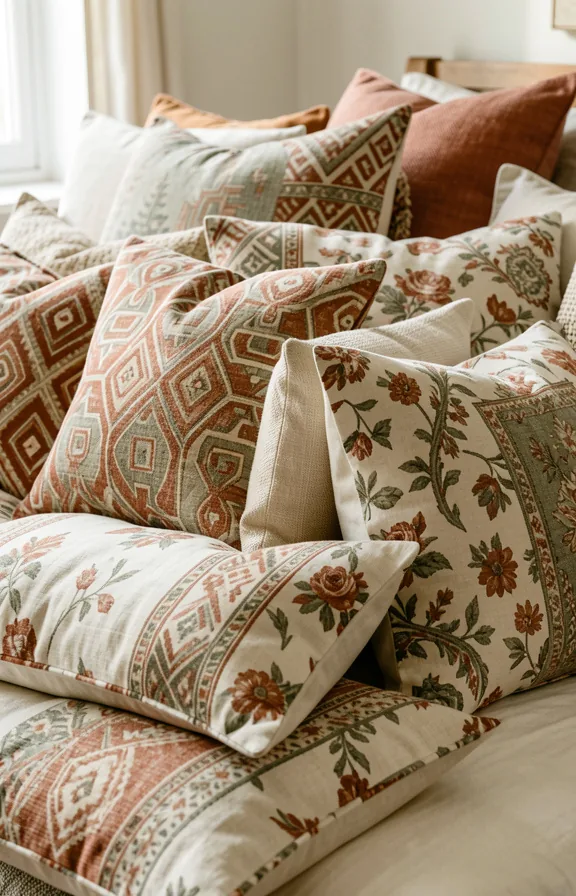 Bed piled high with patterned throw pillows in complementary geometrics and florals