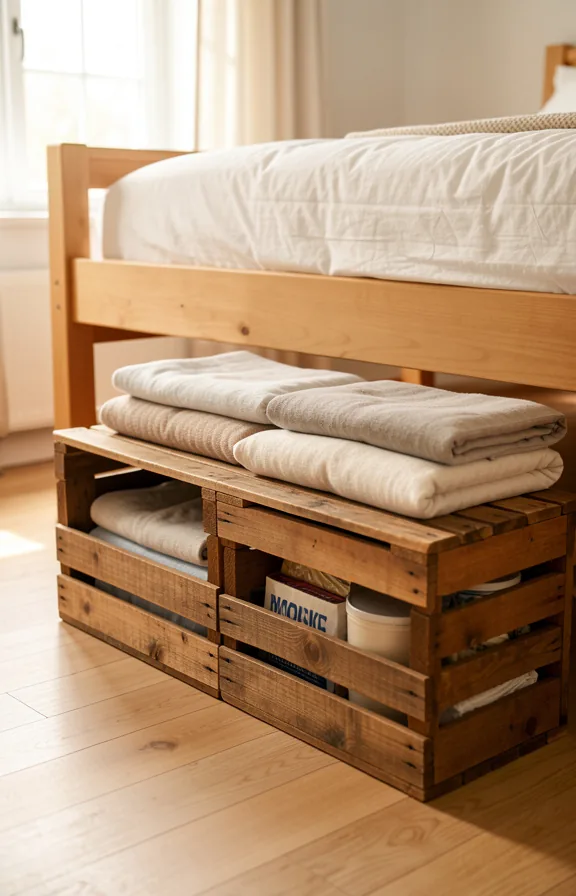 Bedroom featuring wooden storage bench at foot of bed made from stacked crates