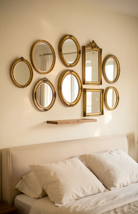 Bedroom wall above headboard displaying vintage mirrors in varying gold and brass frames