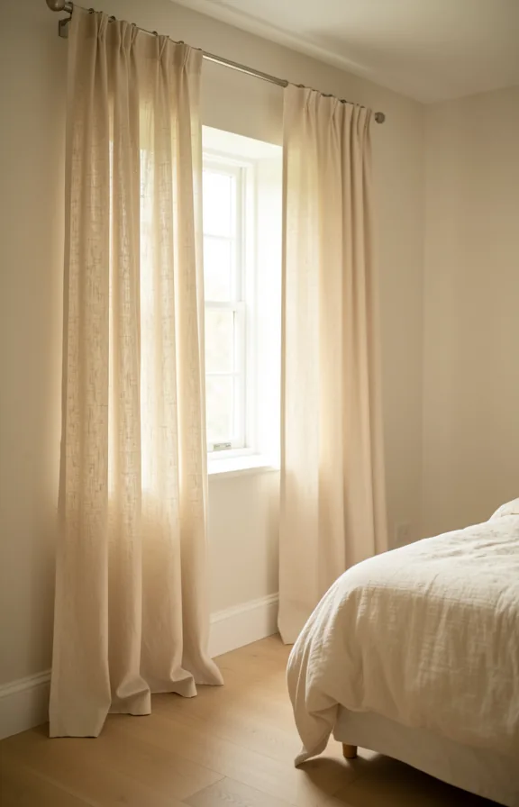 Bedroom window dressed with natural linen floor-length curtains in warm cream