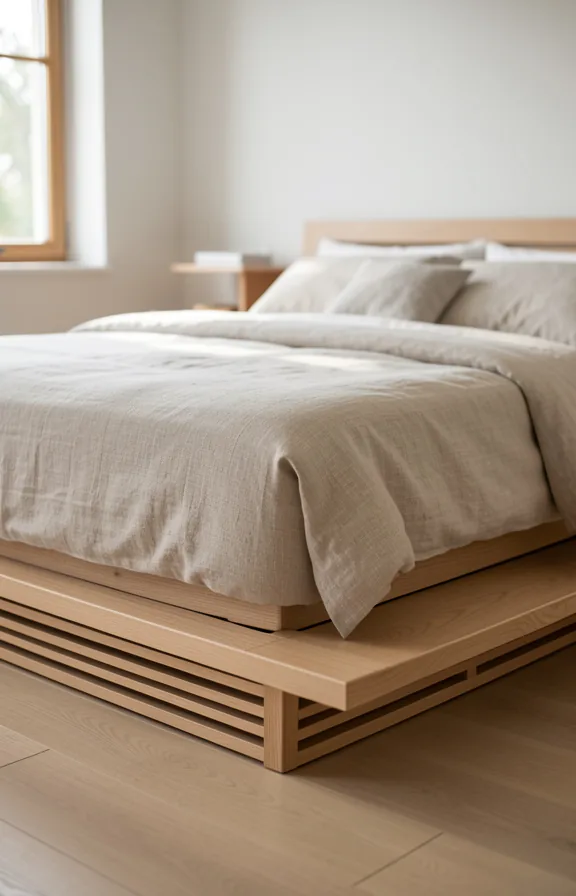 Bedroom with low platform bed frame in light wood sitting close to floor