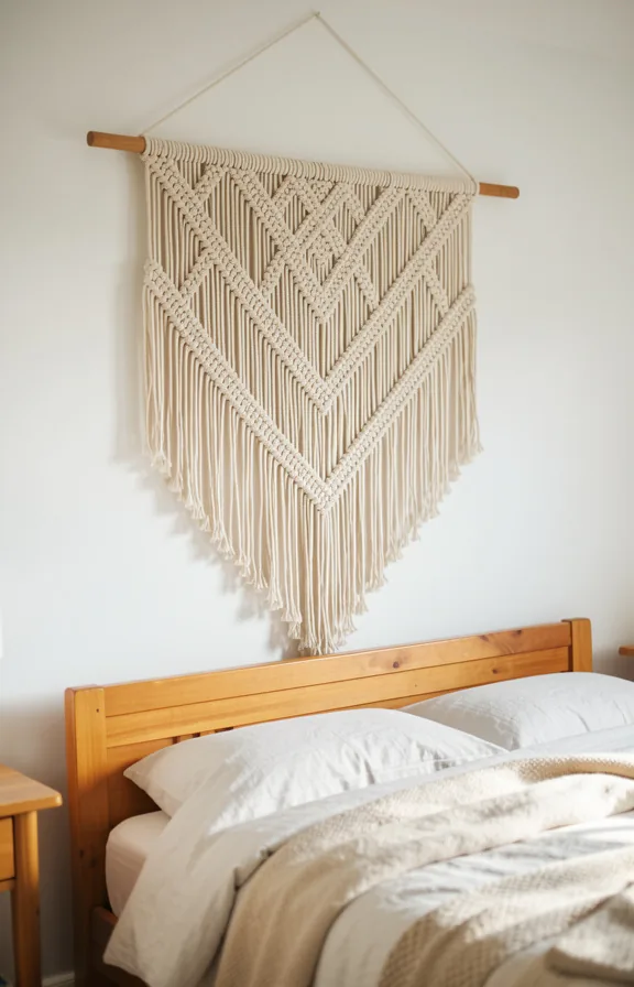 Bedroom wall behind bed showcasing large macramé wall hanging in cream cotton with knotted geomet