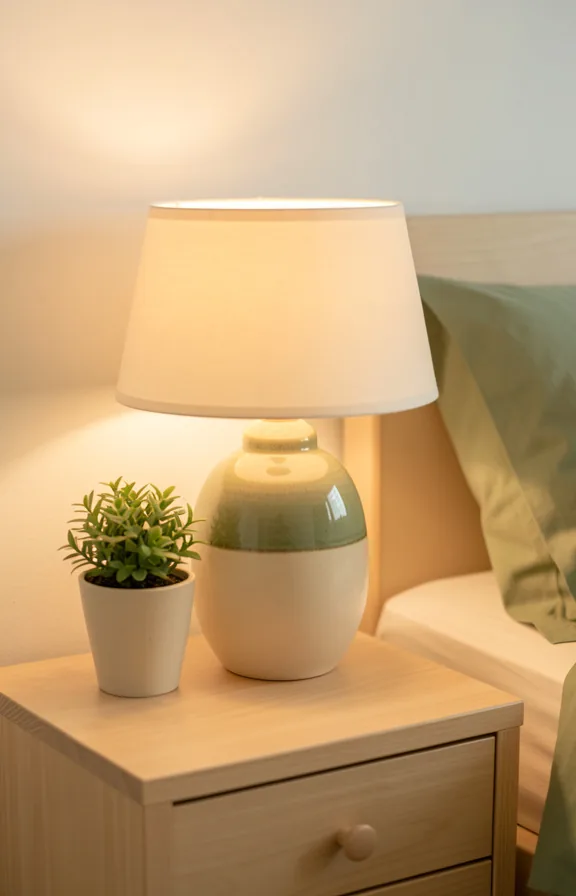 Bedroom bedside table with ceramic table lamp featuring warm cream and sage glaze finish
