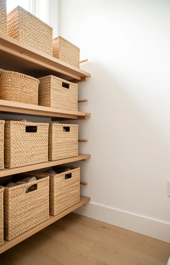 Bedroom corner with stacked woven baskets in natural fiber tones