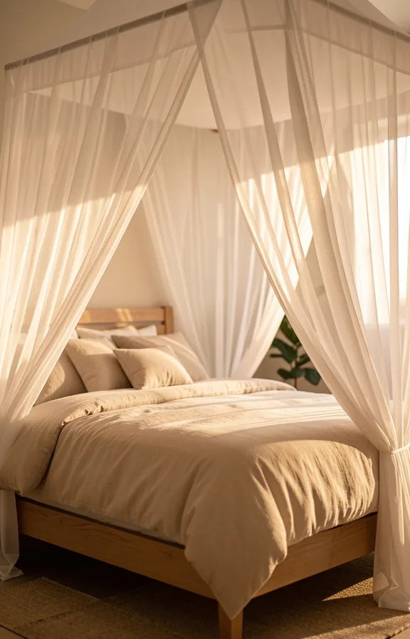 Bedroom bed with sheer white fabric draped from ceiling corners creating soft canopy frame