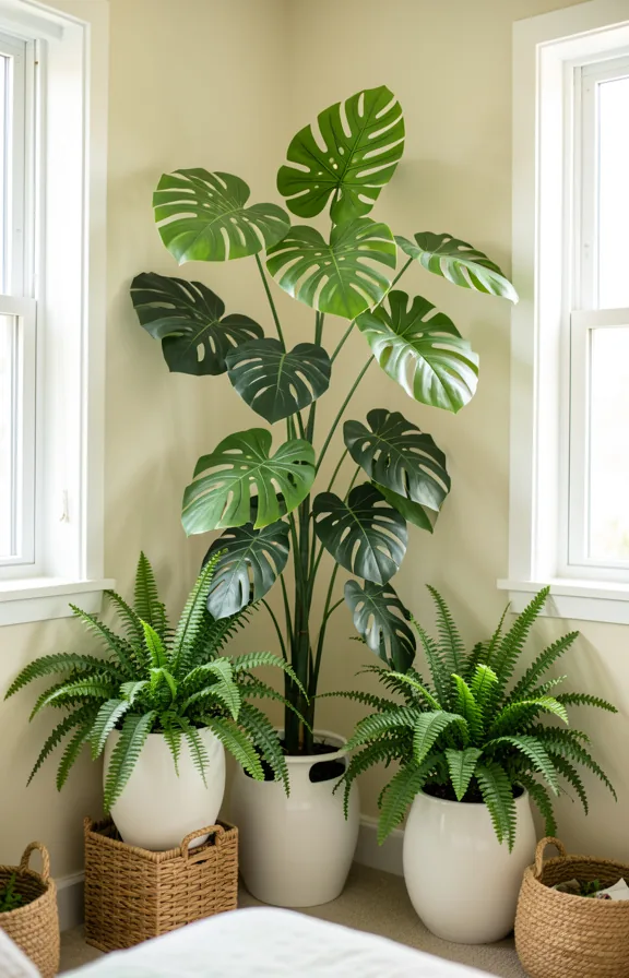 Bedroom corner featuring tall faux plants including monstera and potted ferns in ceramic white pots