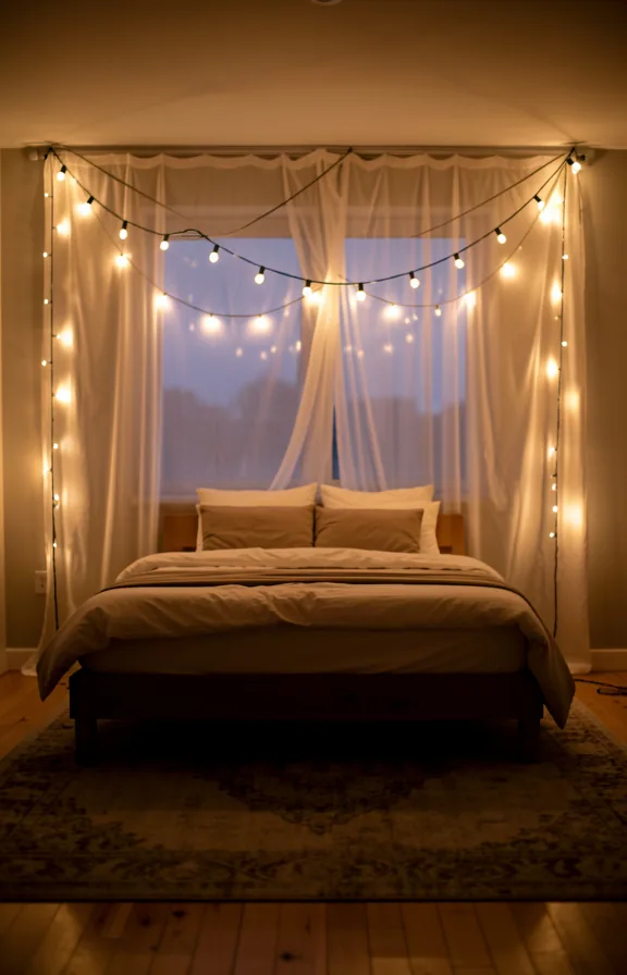 Full bedroom view with string lights draped in soft swoops above a bed frame