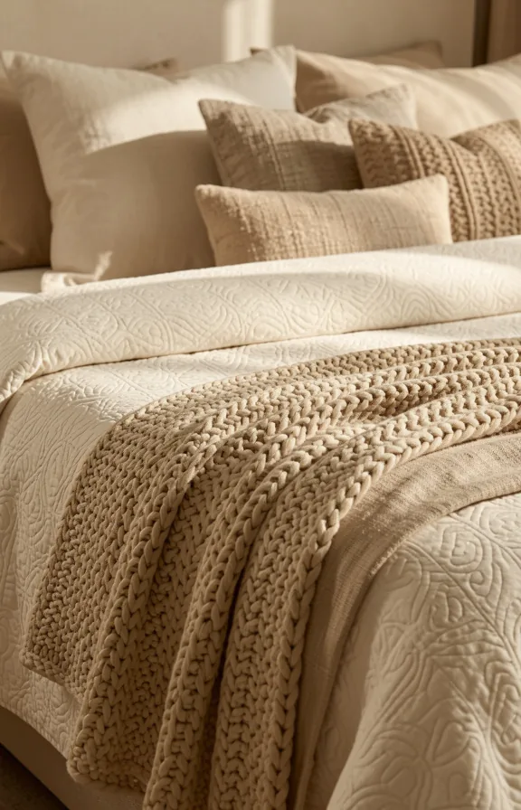 Bed layered with quilted bedspread in cream with subtle texture pattern