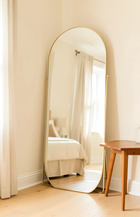 Bedroom corner showing curved full-length floor mirror in thin gold or brass frame