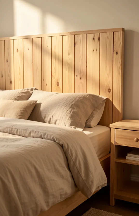 Bedroom headboard made from vertical wooden planks in light stain
