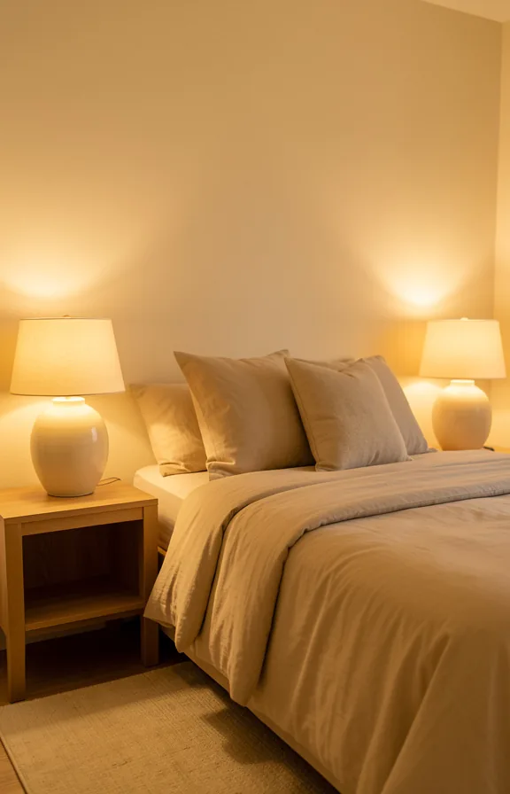 Bedroom showing paired ceramic table lamps on either side of bed