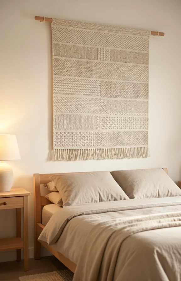 Bedroom wall behind bed hung with neutral fabric wall tapestry in cream and beige woven pattern