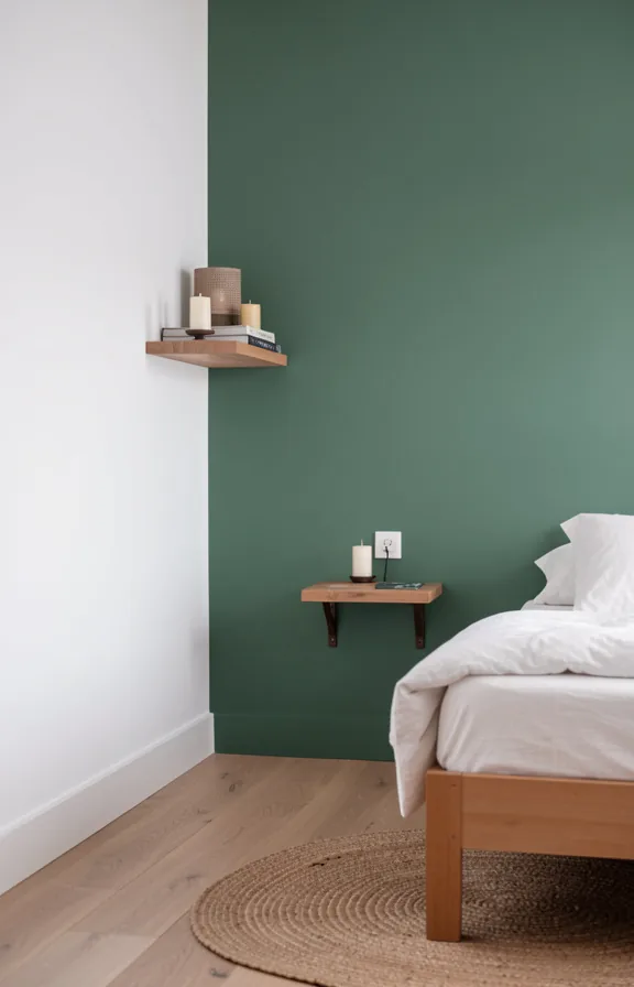 Bedroom corner featuring one accent wall painted deep sage green