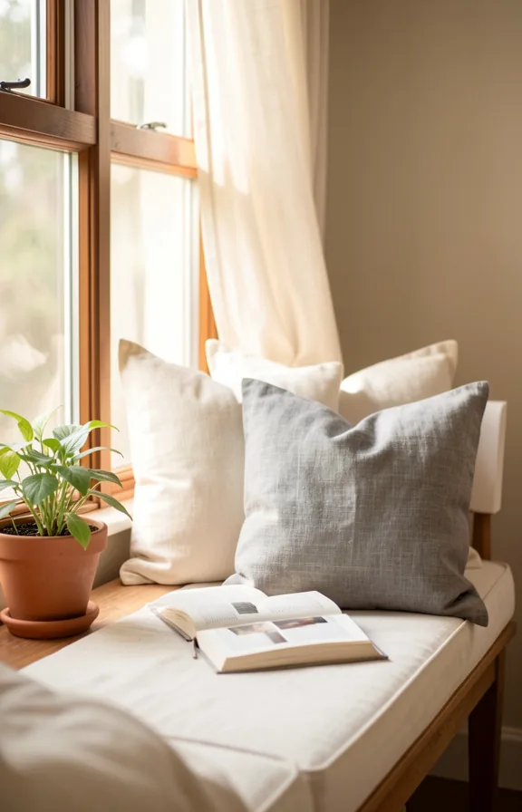 Bedroom window nook with cushioned seat, layered throw pillows in cream and gray linen
