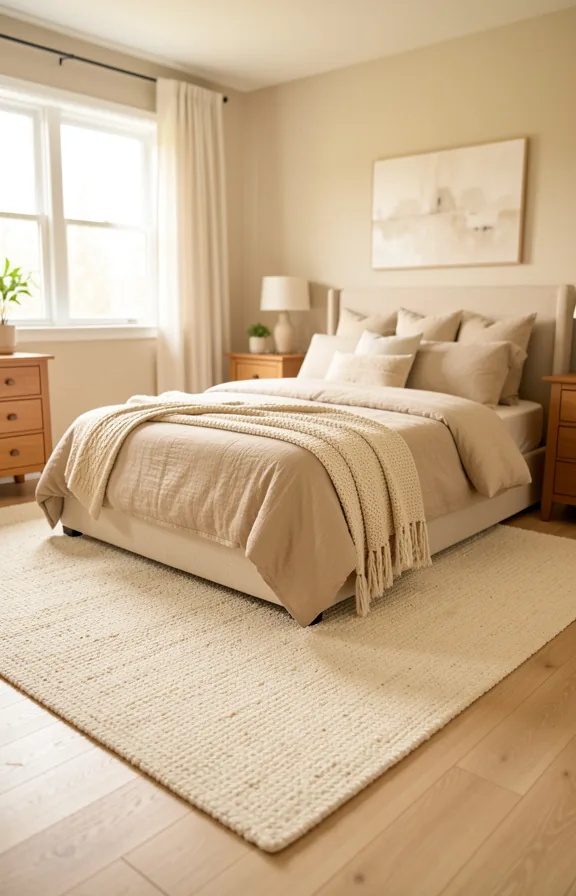 Bedroom with light wood flooring and large cream-toned area rug anchoring bed placement