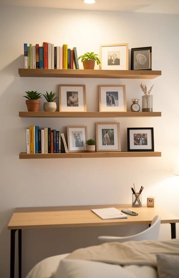 Bedroom wall above simple desk showing three floating wooden shelves displaying books
