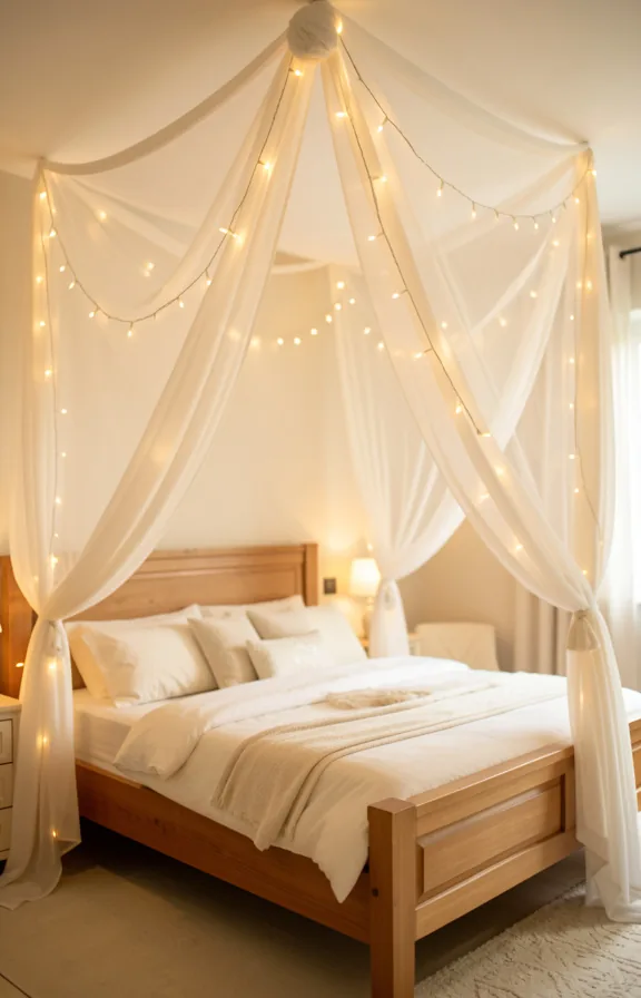 Bedroom with sheer fabric draped across ceiling above bed creating soft canopy effect