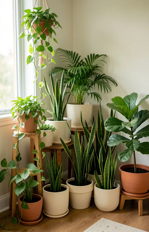 Bedroom corner packed with potted plants of varying heights