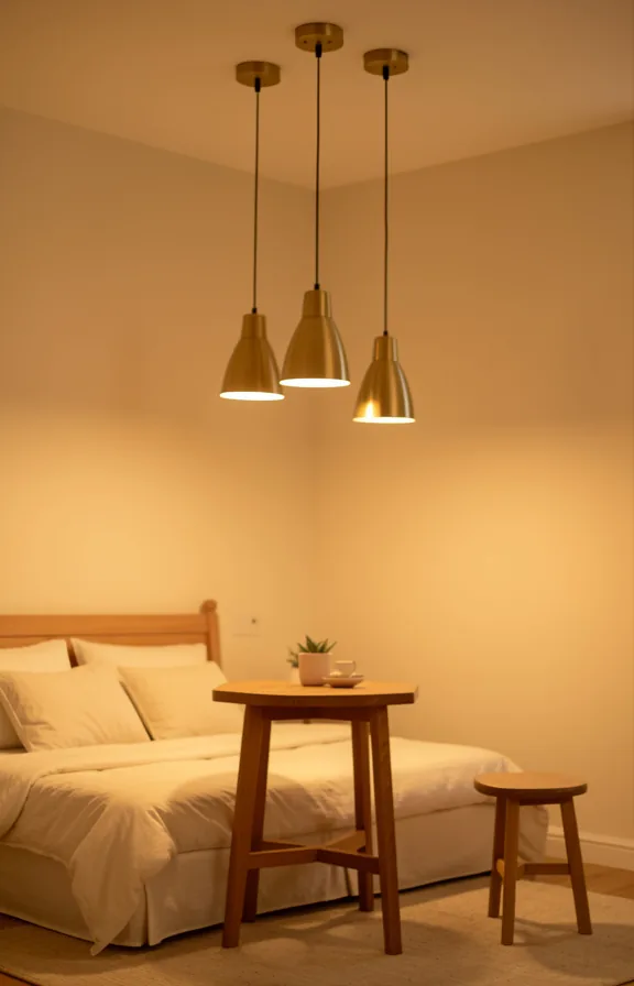 Bedroom showing ceiling-mounted pendant lights in warm brass finish hanging above small wooden table