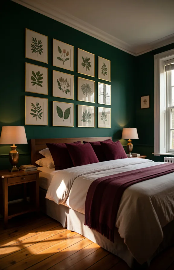 burgundy throw pillows on the bed, natural window light streaming across wooden floorboards
