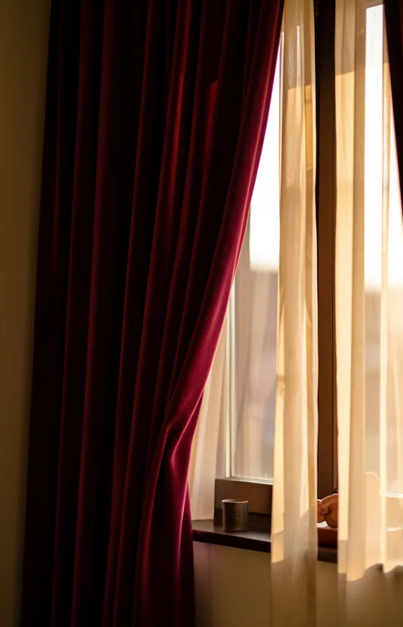 Window wall with floor-to-ceiling burgundy velvet curtains draped partially open