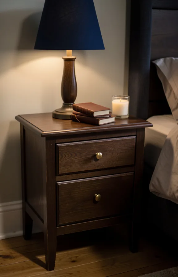 Bedroom nightstand detail showing dark wood surface with brass knob drawers