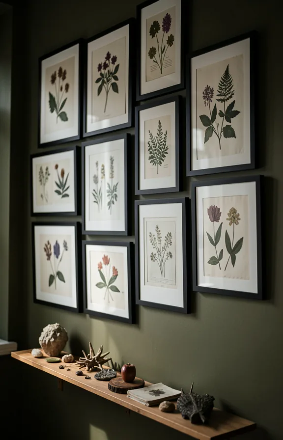 Gallery wall of botanical and library prints in black frames