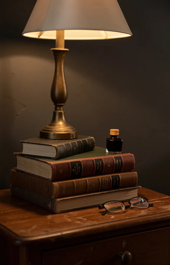 Nightstand styling with precariously stacked leather-bound books as base