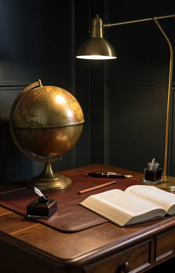 Desktop corner showing vintage brass globe on dark wood desk