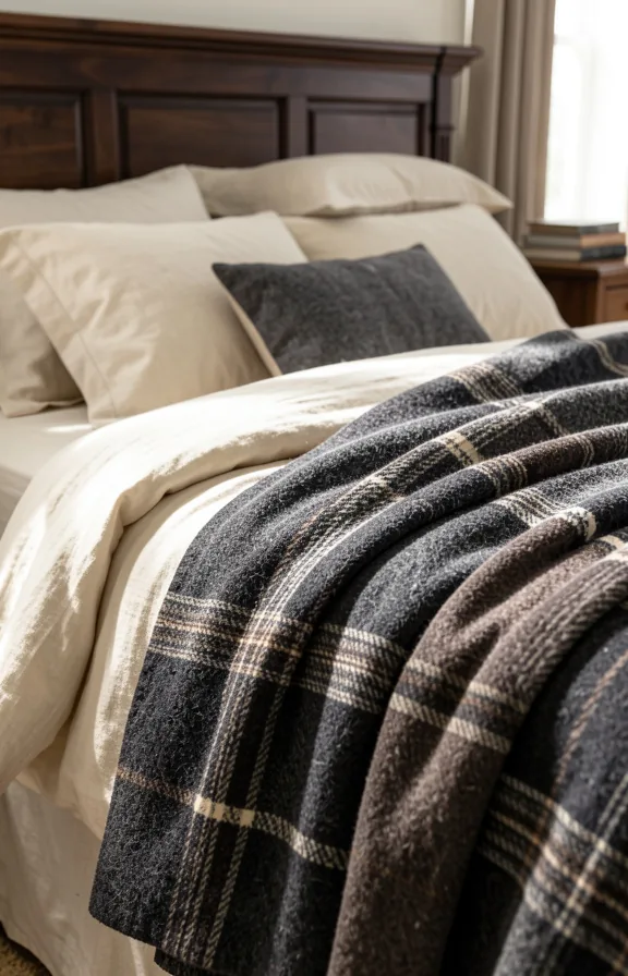 Bed layering detail with cream linen sheets, heavy wool throw blanket in charcoal