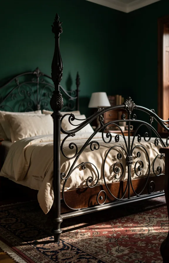 Bedroom featuring ornate wrought iron bed frame with scrollwork detail