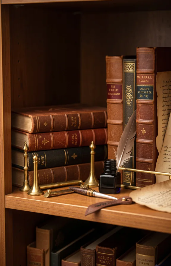 Styled shelf arrangement with leather journals stacked horizontally and vertically