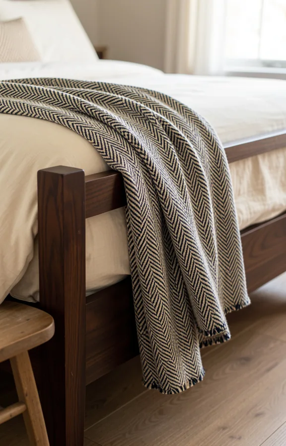 Bed detail showing herringbone patterned throw blanket draped across footboard
