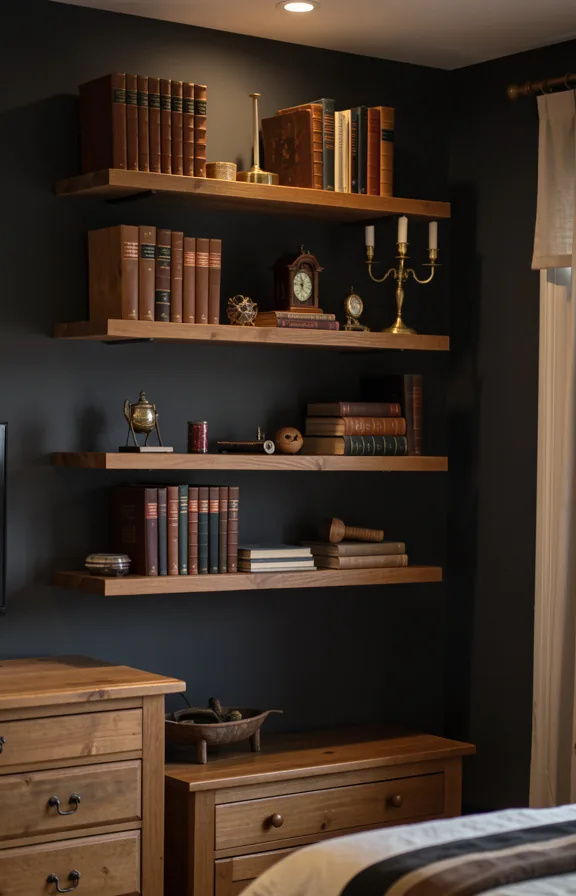 Full bedroom scene with floating wooden shelves displaying leather-bound books