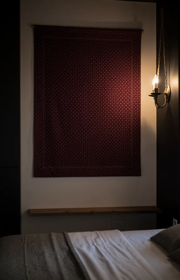 Bedroom wall featuring mounted fabric tapestry in deep burgundy with small repeating pattern