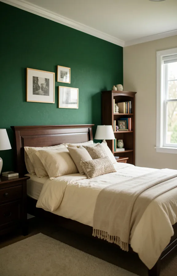 Full bedroom showing removable dark green peel-and-stick wallpaper on accent wall