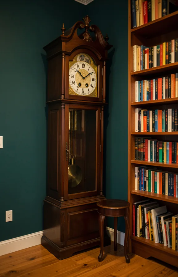 Corner statement featuring tall grandfather clock with dark wood case