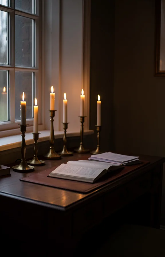 Bedroom desk setup by window with candlelit scene