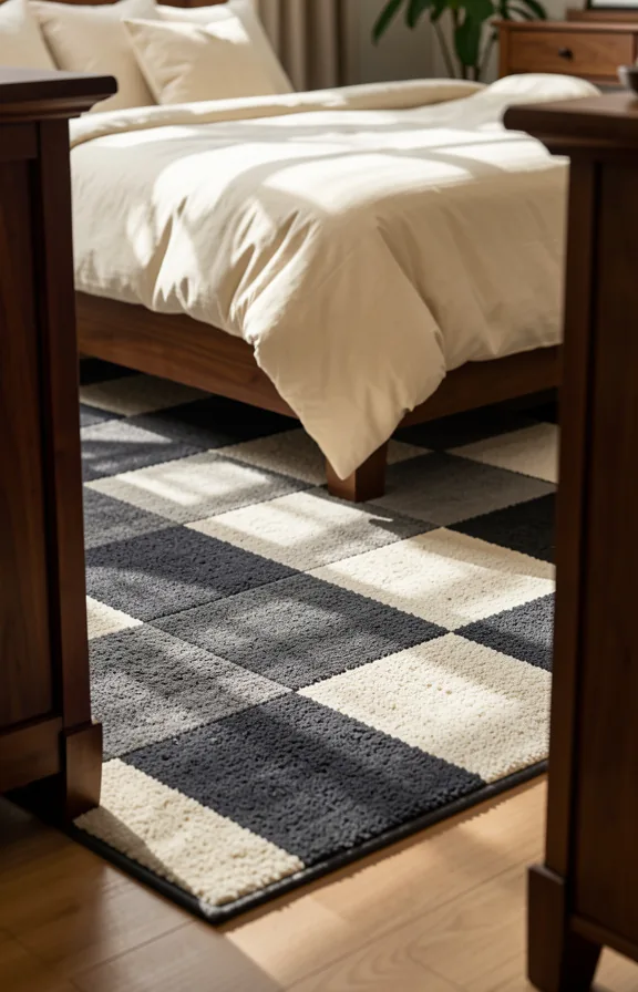 Bedroom floor showing checkered dark gray and cream wool area rug