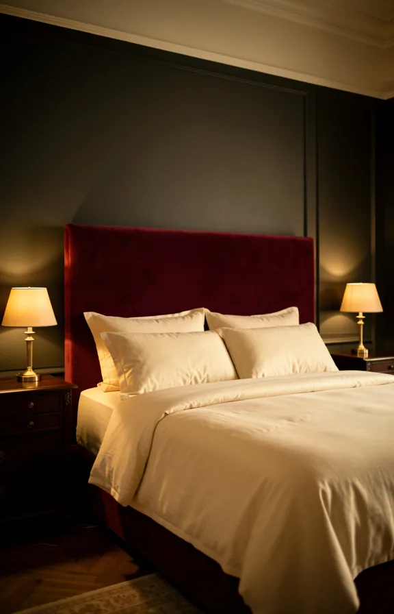 Bed focal point featuring oxblood red velvet upholstered headboard