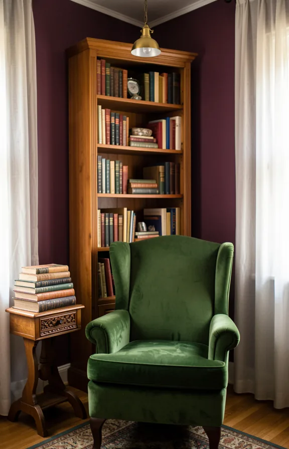Corner nook showing a wingback armchair in forest green velvet