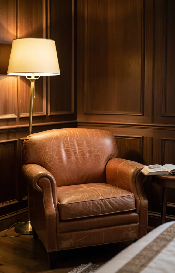 Bedroom corner featuring a worn leather cognac armchair