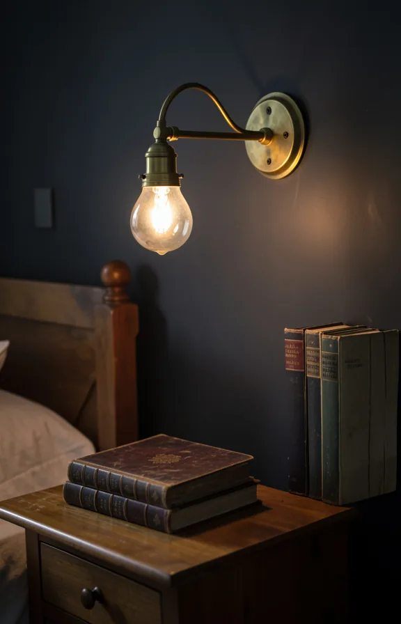 Bedroom wall detail showing a brass swing-arm sconce mounted above wooden nightstand