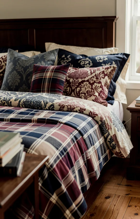 Bed scene with layered patterned throw pillows in navy