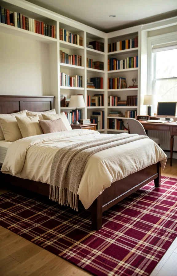 Full bedroom view with plaid wool area rug in burgundy and cream anchoring bed