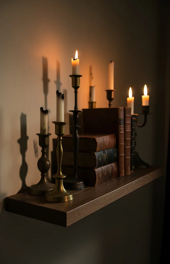 Styled floating shelf with arrangement of candle holders in varying heights